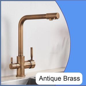 Rubinetto da cucina con filtro dell'acqua - Miscelatore a due manopole - Rubinetto per acqua potabile - Bocchetta girevole a 360° - Montaggio su un foro, finitura spazzolata - Ottone anticato