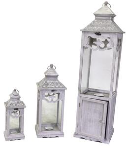 Set 3 Lanterne in Legno in Metallo sbiancato c/anta quadro