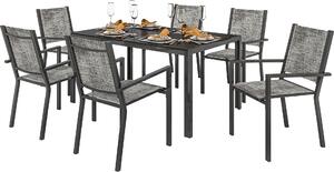 Set da Giardino 7 Pezzi con Tavolo Rettangolare e 6 Sedie Impilabili Traspiranti in Acciaio Grigio e Nero