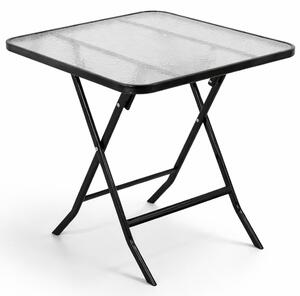 Tavolo Pieghevole Quadrato da Esterno 60x60x71cm con Struttura in Acciaio e Piano in Vetro Nero
