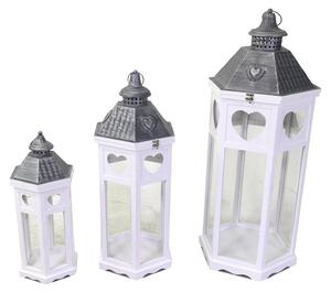 Set 3 Lanterne in Legno in Metallo bianco argento esagonale
