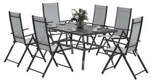 Set Salotto da Giardino 7 Pezzi con Tavolo da Pranzo con Foro per Ombrellone e 6 Sedie Pieghevoli Grigio