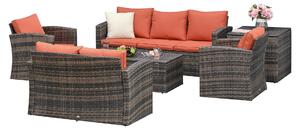 Set Salotto da Giardino 2 Divani 2 Poltrone Tavolino e Contenitore in Rattan Marrone e Arancione