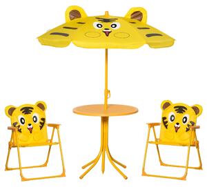 Set 4 Pezzi per Bambini Ombrellone Tavolo Rotondo e 2 Sedie in Acciaio e Tessuto Ox Giallo