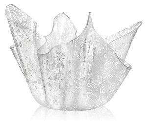 Vaso, Centrotavola, Forma Iconica in Plexiglass BIG LEAVERS Linea DRAPPEGGI PIZZO , 45x45x h 29 cm - 0,5 kg Colore trasparente /bianco