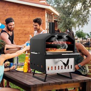 Costway Bruciatore pizza a 2 strati con pietra quadrata da cucina e copertura per campeggio, Forno per pizza a legna da esterno da 40 cm Nero e argento