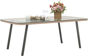 Tavolino da Giardino 110x60x40 cm in Rattan PE con Piano in Vetro e Acciaio Legno Naturale