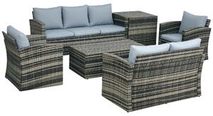 Set da Esterno 6 Pezzi con 2 Tavolini Contenitore 2 Divani e 2 Poltrone in Rattan e Acciaio Grigio
