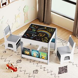 Costway Set tavolo e sedie per bambini per bambini con piano reversibile, Set tavolo scaffali e cassetti per disegno Grigio