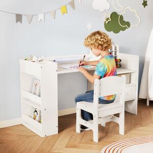 Costway Set tavolo e sedia per bambini con porta rotolo carta rimovibile con mobile cubo, Tavolo lettura e disegno Bianco