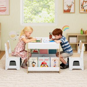 Costway Set tavolo e sedie per bambini per bambini con piano reversibile, Set tavolo scaffali e cassetti per disegno Legno naturale
