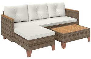 Set Salotto da Giardino Divano 2 Posti con Chaise Longue e Tavolino in Rattan PE Crema