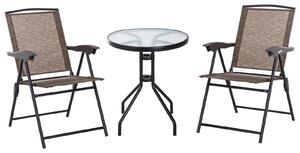Set Tavolino e 2 Sedie Pieghevoli da Giardino in Vetro Marrone