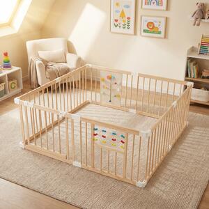 Costway Box per bambini in legno con contare le perline e montessori busy board, Recinto neonato blocco di sicurezza per cameretta Naturale