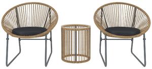 Set da Giardino 3 Pezzi con 2 Sedie con Cuscini e Tavolino a Cilindro con Piano in Vetro in Rattan PE Legno e Nero
