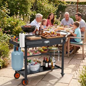 Costway Carrello per barbecue pieghevole metallo resistente al calore, Isola cucina esterna 3 ripiani ruote maniglie 109x46x87cm