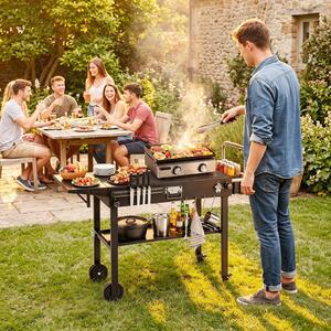 Costway Carrello barbecue pieghevole 4 ruote con portaspezie e magnete, Tavolo da griglia per giardino con apribottiglie e ganci