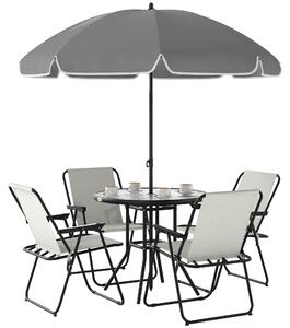 Set da Giardino 6 Pezzi con 4 Sedie Pieghevoli Ombrellone e Tavolo Rotondo Crema Grigio e Nero