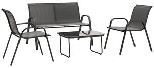 Set da Giardino con Divano 2 Poltrone Impilabili e Tavolino in Vetro Nero