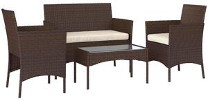 Set da Giardino 4 Pezzi con Divano 2 Sedie e Tavolino Basso con Piano in Vetro in Rattan Beige e Marrone