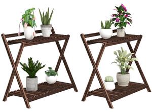 Set 2 Portapiante a 2 Livelli 73x36x64 cm con Design a Doghe in Legno Marrone