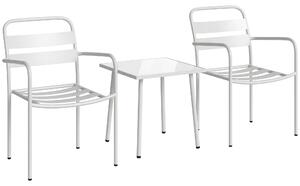Set 3 Pezzi Bistrò Tavolino 50x50x50 cm in Vetro e 2 Sedie a Doghe in Acciaio Bianco