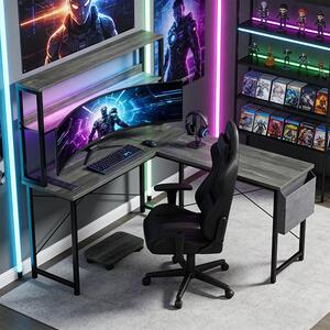 ZELURXX Scrivania da gaming a L con illuminazione a LED, prese di corrente e porte USB, grigia