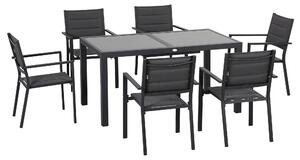 Set Tavolo Allungabile in Vetro e 6 Sedie da Giardino in Alluminio e Tessuto a Rete Grigio Scuro