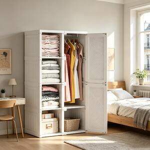 Armadio INONEFT con 6 ante magnetiche e barra appendiabiti, armadio pieghevole multifunzionale, armadio per ingresso, soggiorno o camera da letto, bianco