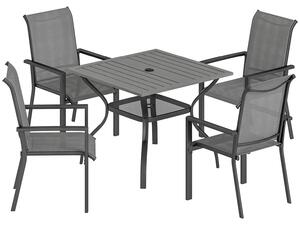 Set 5 Pezzi da Giardino Tavolo con Foro Centrale e Ripiano Inferiore con 4 Sedie Impilabili in Acciaio Grigio