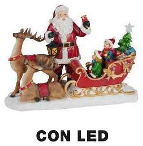 Pupazzo Babbo Natale in Resina con Led con renna e slitta rosso cm 38,5x17,5xh27