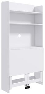 Scrivania Pieghevole 80x69x155 cm con Libreria a 4 Ripiani 2 Ruote e Foro Passacavi in MDF Bianco