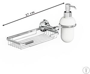 Porta sapone dosatore da bagno con griglia in Ottone Collezione 900 Dimensione 37.5x13,8xh 18,2 cm bicchiere in ceramica bianca in acciaio inox stile moderno cromo