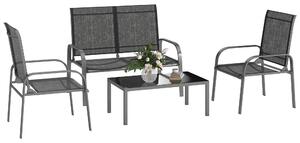 Set da Giardino 4 Pezzi con Divano 2 Sedie e Tavolino Basso con Piano in Vetro Rivestimento in Textilene Nero