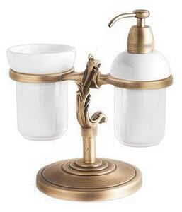 Porta Bicchiere da bagno con portasapone da appoggio in Ottone Collezione CLASSE Dimensione 24x12,1xh 15,3cm, bicchiere in ceramica bianca finitura Classica Ottone Satinato