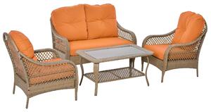 Set da Giardino Divano 2 Poltrone e Tavolino in Rattan con Cuscini Arancione