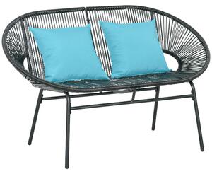 Divano da Giardino 2 Posti 132x72x83 cm con Cuscini e Braccioli in Rattan PE e Acciaio Nero