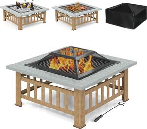 KOMFOTTEU cesto per il fuoco, pozzo per il fuoco con griglia e coperchio, ciotola per fiamme 81 x 81 cm per esterni, tavolo per il fuoco con attizzatoio, pozzo per il fuoco con parascintille per il riscaldamento del barbecue (argento)