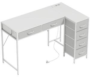 Scrivania Angolare 126x48x80 cm a 6 Cassetti con Gancio Laterale e Prese Integrate in Legno e Acciaio Bianco