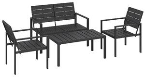 Set 4 Pezzi Salotto da Giardino con Tavolino da Caffè Divanetto 2 Posti e 2 Sedie in HDPE e Metallo Nero