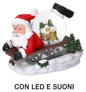 Palla di vetro con Led in Resina babbo natale slitta con musica cm 19,5x12,5xh18