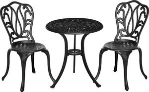 Set 3 Pezzi da Giardino con 2 Sedie e Tavolino in Vetro con Foro per Ombrellone in Alluminio Nero