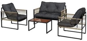 Set Salotto da Giardino Divano 2 Poltrone e Tavolino in Acciaio Poliestere e Rattan Grigio e Marrone