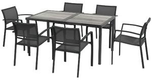 Set Tavolo e 6 Sedie Impilabili da Giardino in Tessuto a Rete e Tavolo Effetto Legno Grigio