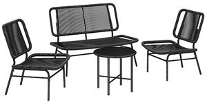 Set 4 Pezzi Salotto da Giardino con Divano 2 Sedie con Tavolino in Rattan e Metallo Nero