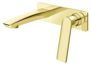 Miscelatore per lavabo da parete con sistema di scarico a click-clack, modello DESSO ORO, finitura oro