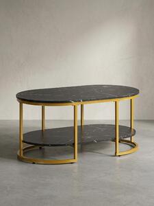 Tavolino 100x60x45 cm nero con aspetto marmo, tavolo da salotto di design rettangolare, tavolino da salotto con ripiano, tavolino moderno con struttura in metallo dorato