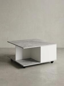 Tavolino design 70x70 cm grigio cemento / bianco, tavolino da salotto con 2 cassetti, tavolino da divano con rotelle, tavolino con 2 scomparti