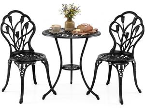 Set da esterno KOMFOTTEU, composto da 3 pezzi: tavolo e due sedie da giardino resistenti alle intemperie, realizzati in alluminio pressofuso, con foro per ombrellone e schienali sagomati. Arredamento da esterno per giardino, balcone e terrazza