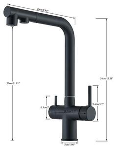 Miscelatore per lavello da cucina, estraibile, con due manopole, beccuccio girevole a 360°, filtro per acqua potabile, per acqua calda e fredda, colore nero